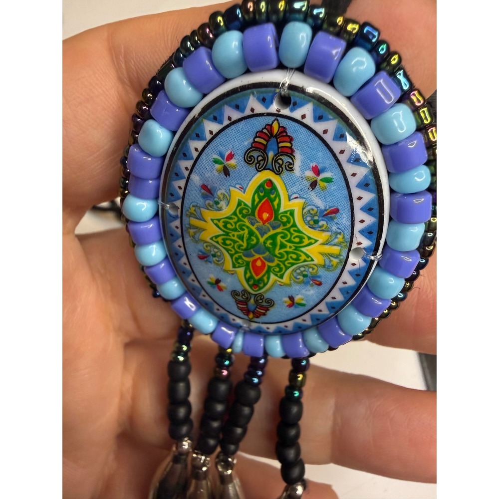 Boho Beaded Medallion Necklace Blue Mandala Fringe Leather Back